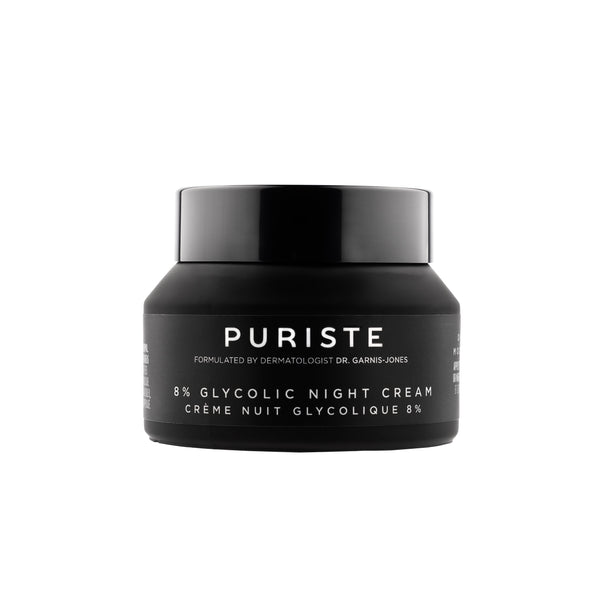 Black jar of Canadian skincare brand Puriste 8% Glycolic Night Cream on a white background